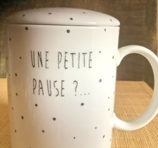 Vintage French White & Polka Dot Ceramic Tea Mug w/ Lid -French Shabby Chic Gift