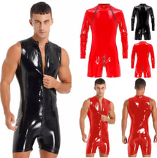 Men Wet Look PVC Leather Bodysuit Catsuit Zipper Jumpsuits Clubwear Costume