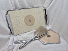 VINTAGE Ladies Dressing Table Vanity Set Tray Brush Mirror Diamante Cream Blush