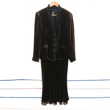 DKNY Velvet Skirt Suit UK 14 US 10 Brown Ruffle Trim Viscose Silk RMF31-SM