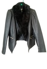 River Island Jacket Faux Leather Black Fur Trim Size UK 18