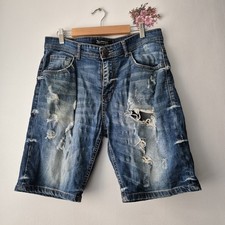 Twisted Soul 1107 Men's Cotton Denim Distressed Ripped Blue Shorts Size W32