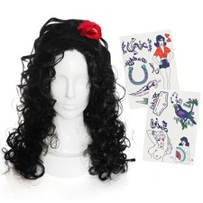 AMY WINEHOUSE BLACK BEEHIVE STYLE WIG + TATTOOS MUSIC ICON ADULTS FANCY DRESS 