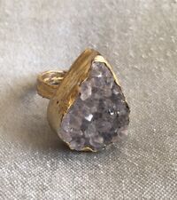 Vintage Large Teardrop Raw Quartz Crystal Gold Plated Adjustable Statement Ring 