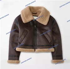 Brown B3 Cropped Aviator Original Sheepskin Shearling Leather Jacket For Women