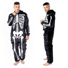 Men’s Halloween Skeleton Soft Fleece 1Onesie All In One Hooded Jumpsuit Pyjamas