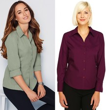 Womans Ladies Fitted Shirt Chambray Blouse Long Sleeve Office Smart Workwear