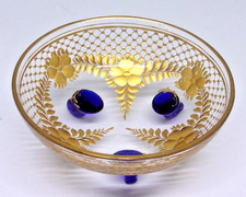 ANTIQUE CUT & GILDED GLASS BOWL with APPLIED BLUE GLASS FEET  French  Baccarat ?