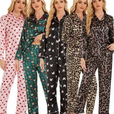 Women's Satin Pajama Set Classic Button Down Loungewear Long Sleeve Sleepwear Pj