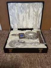 Broadway & Co cased three piece solid silver dressing table set Birmingham 1977