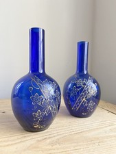 Pair Of Antique Venetian Cobalt Blue Vases Hand Painted Enamel 1870-1900