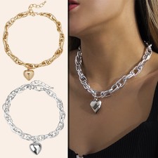 Link Chain Necklace Heart Pendant Statement Thick Wide Gold Silver Chunky Big UK