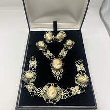 Antique Carved Shell Cameo 800 silver Filigree - chain, Bracelet,earrings ea23