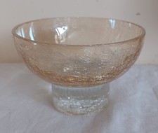 Amber Yellow Crackle Glass Candle Holder Bowl Heavy Art Glass
