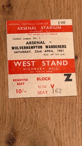 Ticket 1960 arsenal v - ticket, 1960/61