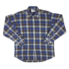 Vintage OAKMAN Navy Blue Brown Plaid Check Long Sleeve Flannel Shirt Large XL