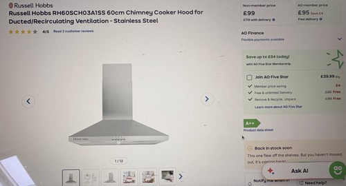 Russell hobbs 60cm cooker - russell, hood