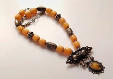 Middle Eastern Style Resin Bead White Metal Tribal Style Necklace Faux Amber 