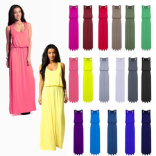 LADIES MAXI DRESS WOMENS JERSEY PUFFBALL BALLOON TOGA RACER BACK VEST LONG DRESS