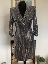 Zara Silver Sequin Blazer Dress Tuxedo Metallic Mirror Embellished - Size Medium