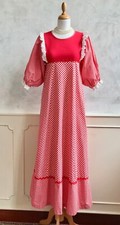 Vintage SIMON ELLIS Red White Check Boho Prairie Swiss Ruffle Maxi Dress S 8/10