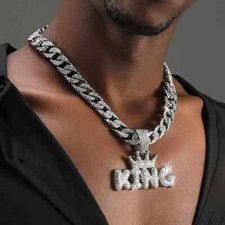 Men Silver King Cuban Men Hip Hop Rhinestone Pendant Chain Necklace Bling Rapper