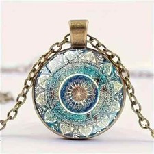 Buddhism Chakra Vintage Glass Dome Necklace Buddha Cabochon Pendant Brown Chain