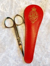 RED LEATHER SCISSORS CASE WITH SANDRINGHAM EMBLEM/VINTAGE SCISSORS GERMANY 10CM