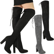 Womens Ladies Thigh High Boots Block High Heels Over The Knee Sexy Shoes Size UK