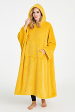 Ladies Oversized Hooded Blanket Poncho – Mustard Yellow Fleece Wearable Throw