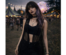 Black Crochet Mesh L Open Vest