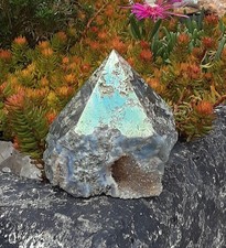 Aura Coated Moss Agate Semi Polished Freeform/Point With Geodes, 219 Grams