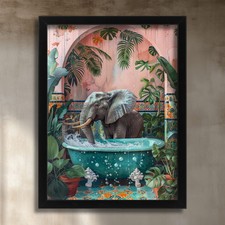 Elephant in Bathtub Wall Art Print Quirky Animal Wall Decor Funny Bathroom Art