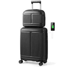 2-Piece Luggage Set 20" Carry-on Suitcase & 14" Cosmetic Case w/ TSA Lock Black