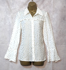 JORLI White Gold Foil Spot Blouse Top Size 10 Long Sleeve Xmas Office Party Wear