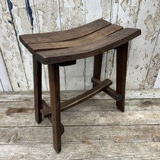 Vintage Primitive Wooden Plank Stool Bowed Seat
