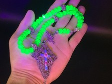 19th C. Rosary Necklace Silver Filigree Enamel Cross Faceted Uranium Glass Beads