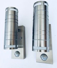 2 x Stainless steel indoor & outdoor up & down led wall lamps / lights IP44 PIR 