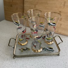 Very Rare Vintage 4 Tumbler Glasses & Matching Tray With Vintage Car Decoration