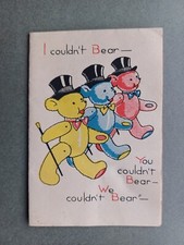 C1930s CHRISTMAS CARD THREE COLOURED TEDDY BEARS IN TOP HATS MARCHING ALONG