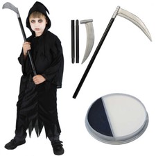 CHILDS GRIM REAPER COSTUME SCYTHE AND FACE PAINT DEATH HALLOWEEN FANCY DRESS
