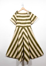 Toast Dress Size 12 Olive Green Wide Striped Midi Fit Flare Neck Ties Pockets