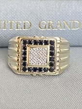 Gents 9ct Gold, Sapphire  & Diamond Signet  Ring, Size U, 5.7g, DIA Stamp