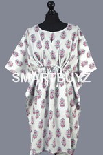 Indian Block Printed Cotton Coverup, Kaftans, Short Dress - Pink Motif On White