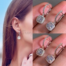 Trendy 925 Sterling Silver CZ Halo Crystal Drop/Dangle Hoop Earrings Jewelry UK