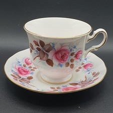 QUEEN ANNE TEA  DUO  BONE CHINA TEACUP SAUCER  PINK ROSES BLUE FLOWERS