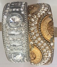 SALE STATEMENT DIAMOND BANGLE WIDE CRYSTAL BRACELET GOLD/SILVER KARA PATLA WOMEN