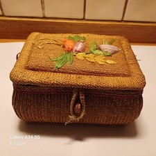 Vintage Raffia Wicker Floral Pattern Sewing  Box 18 X 13 X 10 cm, Plus Contents