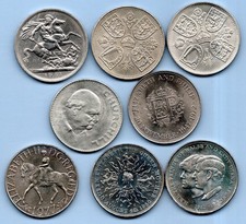 8 DIFFERENT UK CROWN COINS, 1951 - 1981. FIVE SHILLINGS / 25p. JOB LOT.