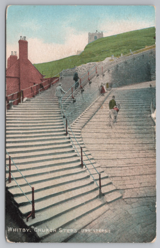 Whitby church steps postcard - church,